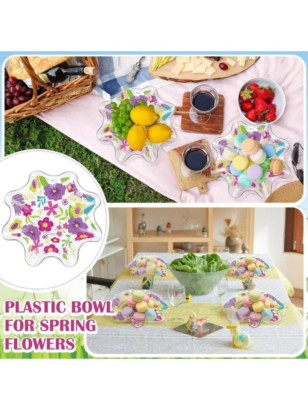 4 Pcs Floral Plastic Bowls - 8 Inch Daisies & Wildflowers, Reusable Snack